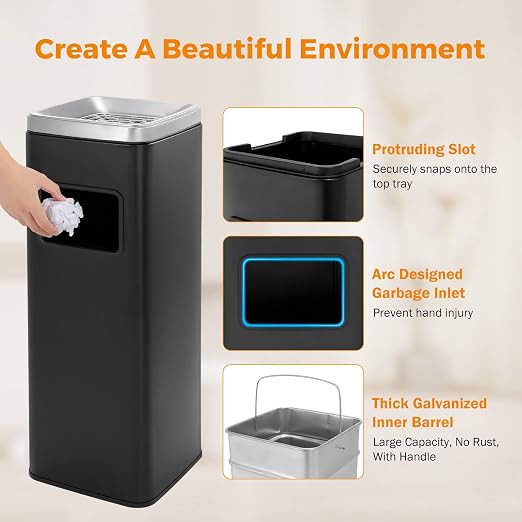 BEAMNOVA Outdoor Trash Can Black Indoor Stainless Steel Commercial Garbage Can Industrial Garbage Enclosure Inside Cabinet with Lid Waste Container, Black, 25 * 25 * 68 cm / 9.8 * 9.8 * 26.8 in