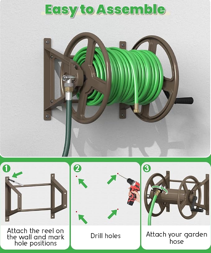 Garden Hose Reel Wall Mounted, Heavy-Duty Water Hose Holder Winder with 3.9 ft Leader Hose & Brass Fitting, Hose Hanger Storage Rack Holds 125-Feet of, 5/8-Inch, for Yard Lawn Farm, Brown