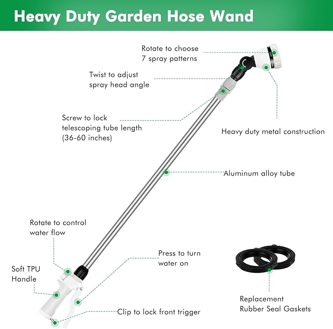 RESTMO 36”-60” Metal Watering Wand, Long Telescopic Tube | 180° Adjustable Ratcheting Head | 7 Spray Patterns | Flow Control, Perfect Garden Hose Sprayer to Water Hanging Baskets, Shrubs, White