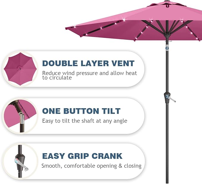 9FT Patio Umbrella with Solar Lights,Outdoor Market Umbrella with Tilt and Crank, LED Lighted Table Umbrella for Garden,Deck,Backyard,Pool,Beach