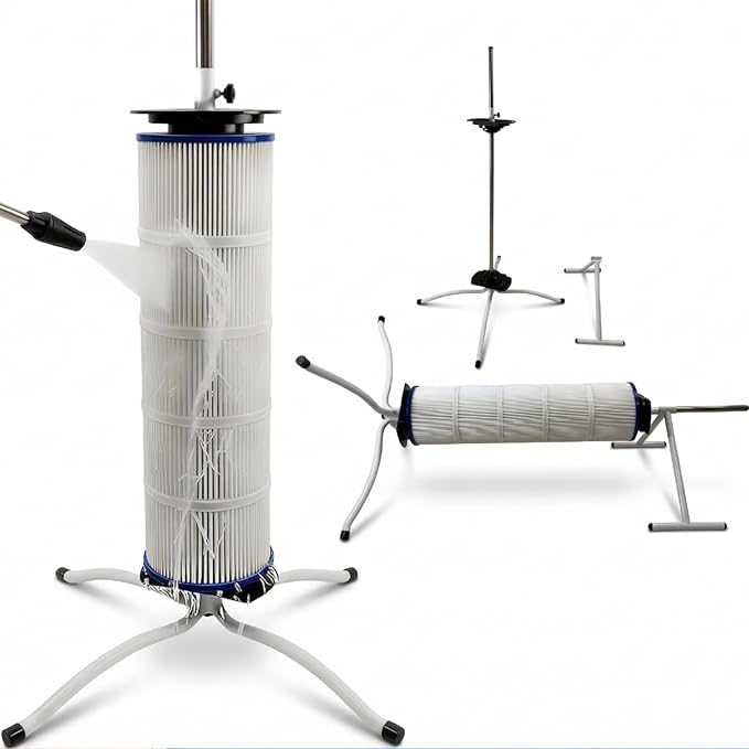 Pool Filter Cleaning Stand with Support Bar, Lay-Down Stand for Heavy Wet Cartridge Filters, Stainless Steel Center Post, Fits 3"/4"/6" Core Filters up to 35"