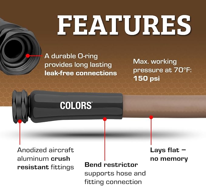Flexzilla Colors Garden Hose 5/8 in. x 25 ft., Lightweight All-Weather Water Hose, Durable and Flexible, Leak-Free Connections, Brown Mulch