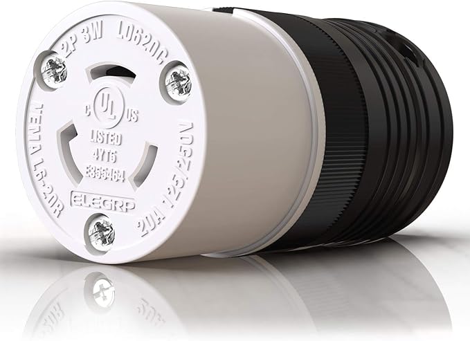 ELEGRP NEMA L6-20R Locking Connector, Generator Twist Lock Adapter Connector, 20 Amp 250V 2 Pole 3 Wire Grounding, Industrial Grade Heavy Duty, UL Listed (1 Pack, Black/White)