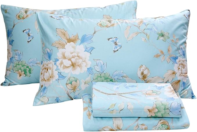FADFAY Floral Bedding Shabby Blue Bird Print Bed Sheet Set Luxury Bedding Collections 800 Thread Count 100% Egyptian Cotton Deep Pocket, 4 Piece-Full Size