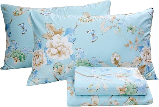 FADFAY Floral Bedding Shabby Blue Bird Print Bed Sheet Set Luxury Bedding Collections 800 Thread Count 100% Egyptian Cotton Deep Pocket, 4 Piece-Full Size