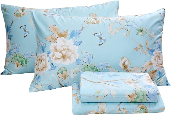 FADFAY Floral Bedding Shabby Blue Bird Print Bed Sheet Set Luxury Bedding Collections 800 Thread Count 100% Egyptian Cotton Deep Pocket, 4 Piece-California King Size