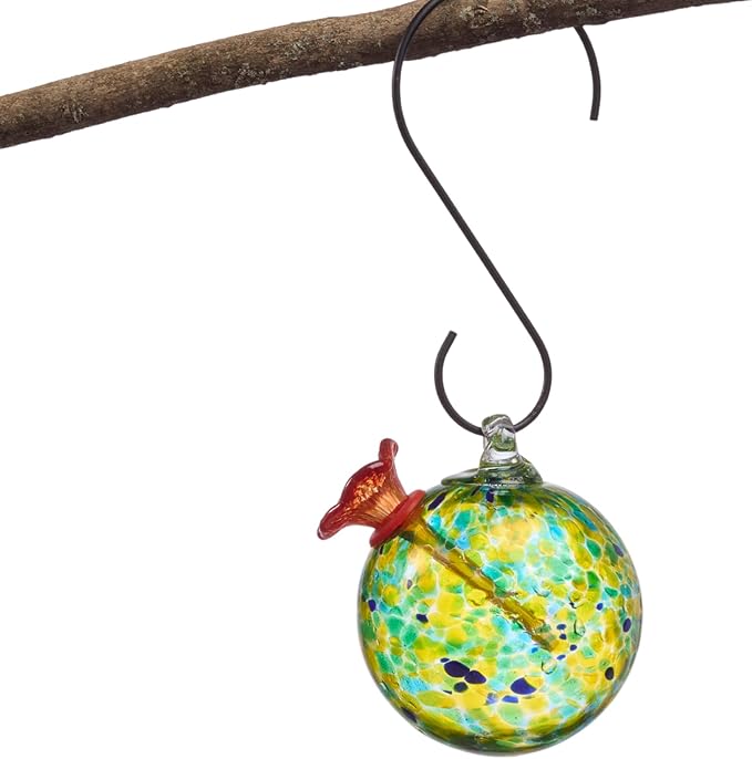 Red Carpet Studios Hummingbird Feeder Hand-Blown Art Glass, Hanging Birdfeeder with Red Flower Feeding Port, 5.5" Round Yellow-Green