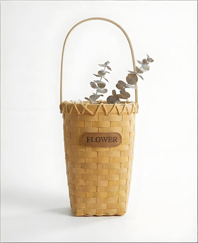 AceList Woven Hanging Basket for Wall Door, 9 Inch Tall Wood Storage Basket for Living Rooms, Kitchen, Rustic Farmhouse Pocket Basket with Long Handle for Dried Flower Decor With flower tags