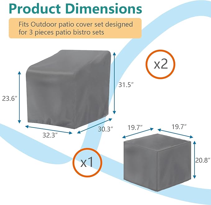 3 Piece Outdoor Veranda Patio Garden Furniture Cover Set with 420D Waterproof Fabric, Patio Furniture Covers Set with Windproof Buckle Strap Fit for Outdoor Wicker Rattan Chair Sets, Grey