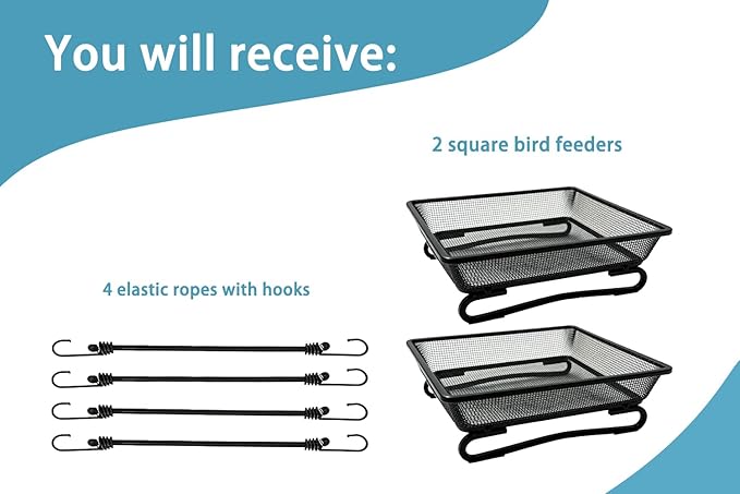 2 Pcs Deck Railing Bird Feeder, Tray for Balcony7×7×2 Inches, with 4 Elastic Cords and Ground Netting, Suitable for Outdoor Areas Such as Backyards and Gardens.