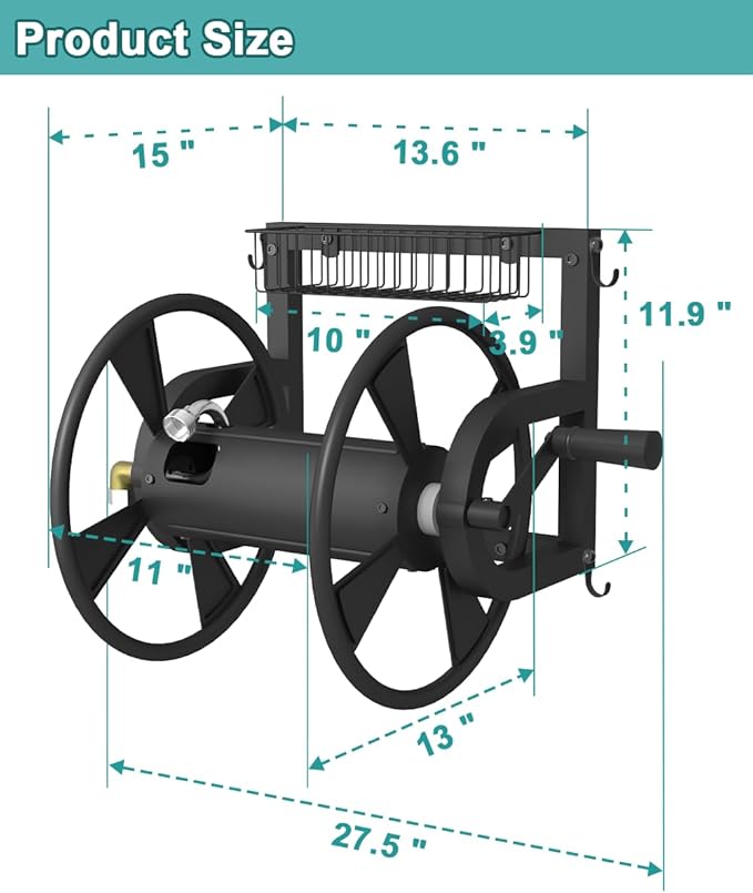 Artigarden Outdoor Wall Mounted Hose Reel with Hook, Garden Heavy-Duty Water Holder Winder with 3.9 ft Leader Hoses, Brass Fitting and Storage Basket for Yard, Holds 125 Ft of 5/8-Inch Hose, Black
