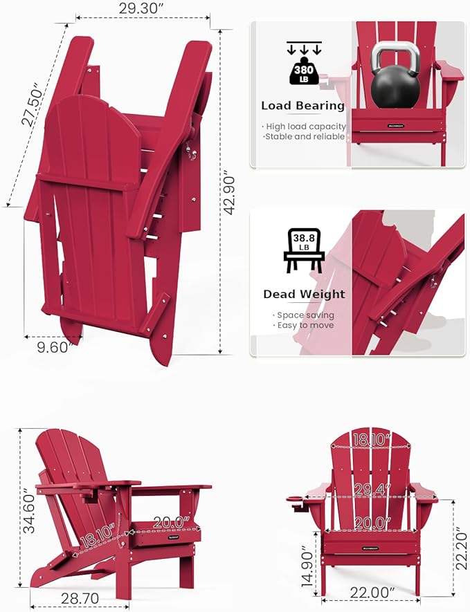 MUCHENGHY Folding Adirondack Chairs Set of 2, Patio Chairs, Lawn Chairs, Outdoor Chairs, Adirondack Chair Plastic, Fire Pit Chairs, Weather Resistant with Cup Holder for Deck, Backyard, Garden(Red)