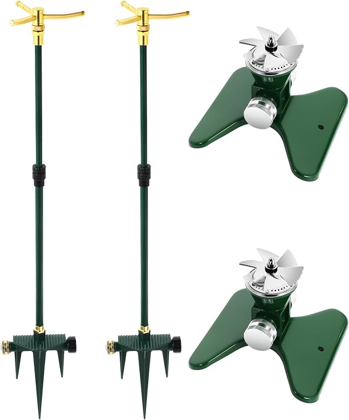 Teenyyou 2 Pcs 3 Arm Rotating Telescoping Sprinkler with Spike and 2 Pcs 360 Degree Rotation Garden Water Sprinklers Metal Lawn Sprinkler for Yard Garden up to 40 Inches for Large Area Coverage
