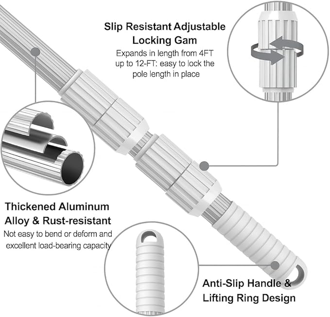 12 FT Pool Pole – Telescoping Aluminum 5/4" Diameter Pool Pole with Strong Grip & Lock - Heavy Duty 3-Piece Adjustable Design - Fits Any Skimmer, Brush, Vacuum Head