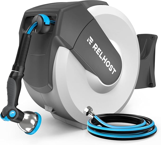 Relhost Retractable Garden Hose Reel, 1/2 in x 100 ft Wall Mount Heavy Duty Hose Reel with Any-Length Lock, Auto Rewind System, 180° Swivel Bracket, and 10-Pattern Nozzle for Garden, White & Grey