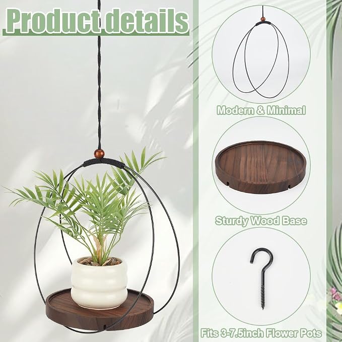 4pcs Circle Plant Hanger, Adjustable Height Hanging Planters with Sturdy Wooden Base & Planter Basket Holder, Modern Boho Flower Pot Plant Display Decor for Indoor Wall Ceiling Window