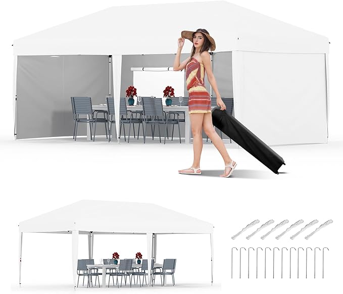 CABIHOME 10x20 Pop Up Canopy Tent with 4 Sidewalls, Heavy Duty Waterproof UPF 50+ Outdoor Shelter, Includes Roller Bag, Stakes & Sandbags