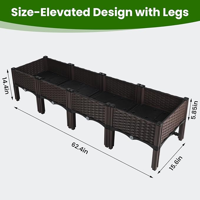 4Pcs Plastic Raised Garden Bed,62.4"×15.6"×14.4" Elevated Wicker Planter Box with Self-Watering System, Plants Garden Boxes with Legs for Growing Fresh Vegetables,Fruit,Flowers and Herbs