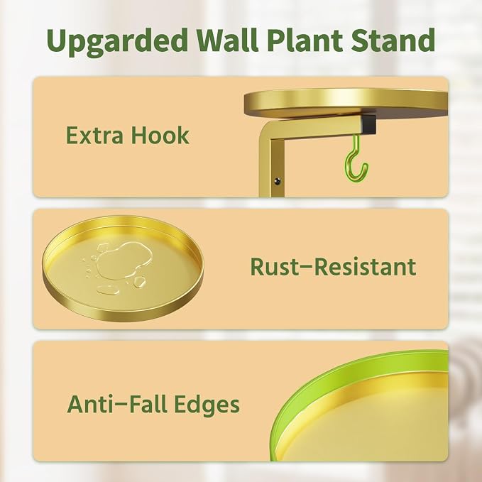 LASZOLA 3Pcs Wall Mount Plant Shelves with Hangers for Indoor Planters, Heavy Duty Metal Window Floating Flower Holders Stand for Kitchen Bathroom, Standard Gold