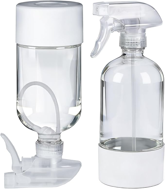 2 Pack 360° Glass Spray Bottles with Silicone Sleeve, 16 oz Empty Refillable Containers with Adjustable Spray Nozzles, Spray Bottles for Hair, Cleaning Solutions and Plants White