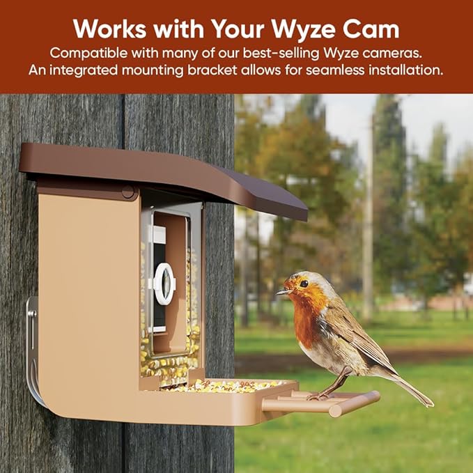 Bird Feeder Camera Case Compatible with Battery Cam Pro, Wyze Cam Outdoor v1/v2, Wyze Camera v4/v3/v3 Pro, 5 DIY Mounting Methods, with a Macro Lens (Solar Panel/Camera NOT Included), Brown