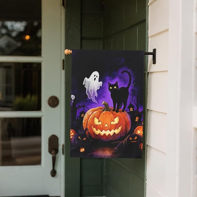 Halloween Pumpkin Ghost Black Cat House Flag 28x40 Inch Tree House Shadow Spooky Scary Holiday Decorative Garden Flags for Outside Double Sided Outdoor Home Farmhouse Decoration Yard Porch Decor