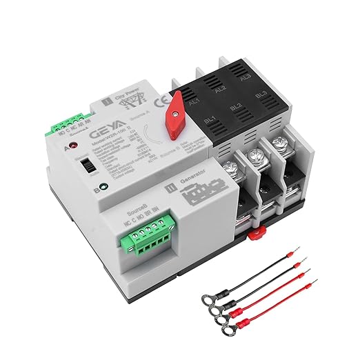 GEYA Mini ATS Automatic/Manual Transfer Switch, Solar Auto Dual Power Over & Under Voltage Switch 50/60Hz Grid to AC Generator(3Pole 63A 110V)