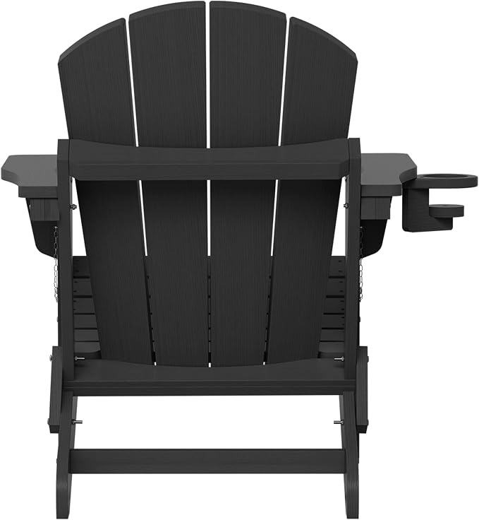 SERWALL Folding Adirondack Chair with Cup Holer, Weather Resistant Adirondack Chairs for Outdoor, Patio, Lawn, Garden, Backyard Deck, Fire Pit - Black