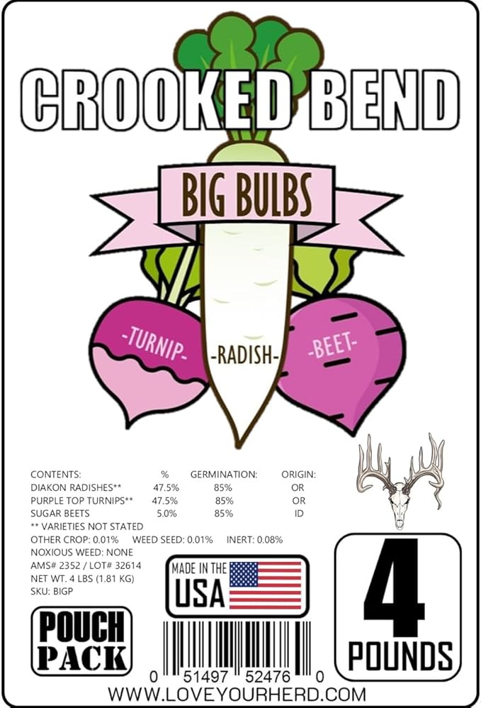 Crooked Bend, Big Bulbs, 4 LBS, Fall Food Plot Seed Mix for Whitetail Deer & Wild Turkey, No Till & No Plow, Throw & Grow Radish, Turnip & Sugar Beet Seeds, Plants up to 0.67 Acres
