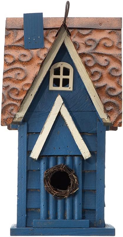 Glitzhome Bird Houses for Outside, 12" H Retro Blue Distressed Solid Wood Cottage Birdhouse Hanging Bird House for Outdoors, Bluebird House for Garden Patio Backyard
