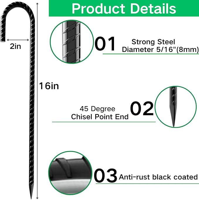 Rebar Stakes 16 Inch J Hook Heavy Duty Ground Stakes, 20-Pack Ground Stakes Black Antirust Coated for Wire Fencing, Trampolines,Camping Tent, Canopies, Shed Swing, Yard Decorations