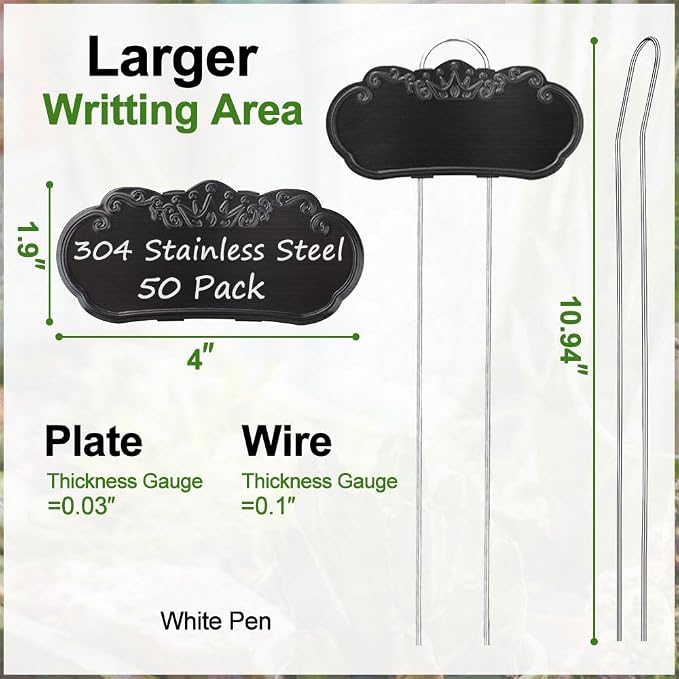 50 Packs Metal Plant Labels, Tall Outdoor Garden Markers for Flowers, Fruits and Vegetables, Weatherproof (Each 25 Pack, 4" x 1.9", Silver and Black)