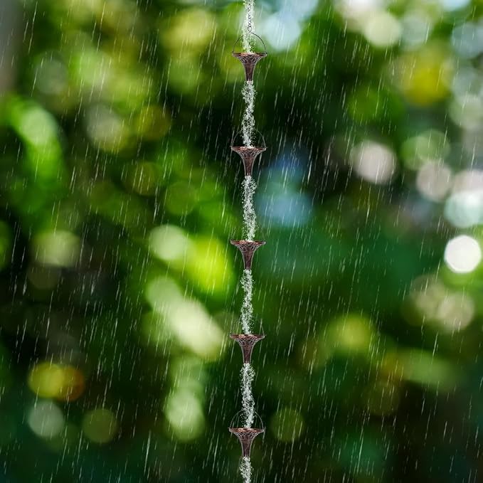9.7ft Rain Chain with 10-Cup for Outside Gutters,Eaves, Drainage | Metal Rain Chain, Decorative Replacement Downspout, Adjustable Length, Brown