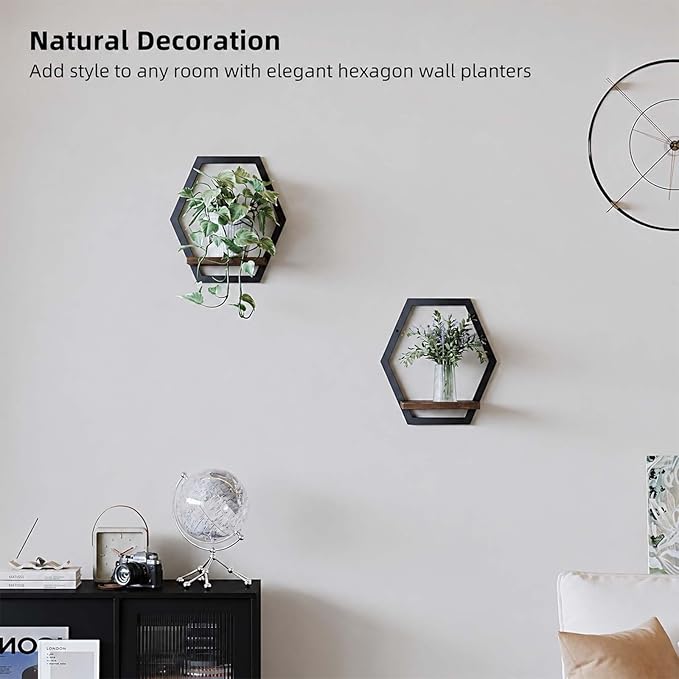 2 Pack Walnut Color Solid Wood & Metal Framework Wall Plant Stands,9 inch Natural Wood Shelf of Indoor,Mid Century Modern Hanging Planter for Outdoor Entryway 25 LB Load for Plants Black