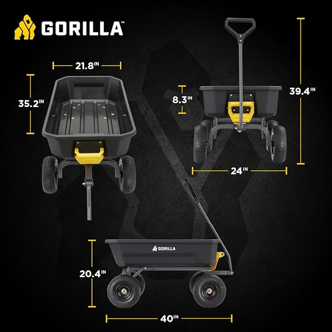 Gorilla Carts Heavy-Duty Dump Cart, Patented Quick-Release Dumping, Steel Frame, 600 lb Capacity, No-Flat 10-Inch Tires, Utility Wagon for Garden, Yard, Beach
