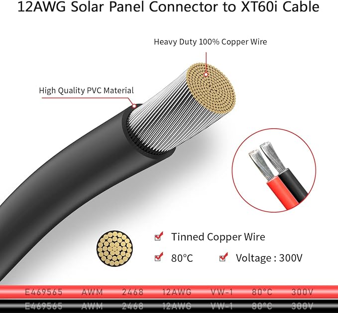 ELFCULB 12AWG 10FT Solar to XT60i Cable 2 10 25 35 50 75 100FT Solar Connector to XT60i Adapter Cable for Portable Power Station (10FT)