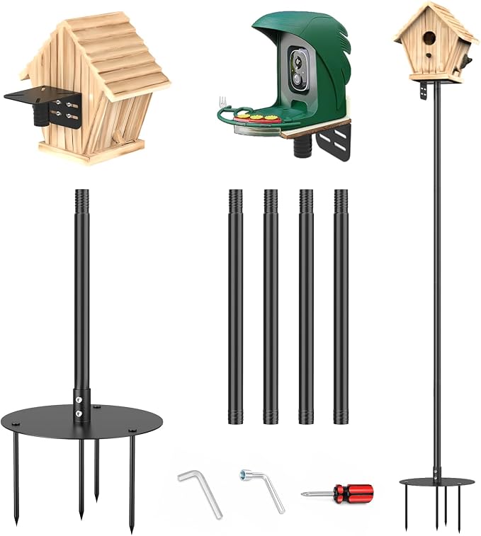 Bird Feeder Pole 85 Inch, Heavy Duty Adjustable Bird House Pole Mount Kit | Universal Top and Side Mount for Smart Bird Feeders, Bird Houses, Seed Trays and Weather Stations with 4-Stake Stable Base