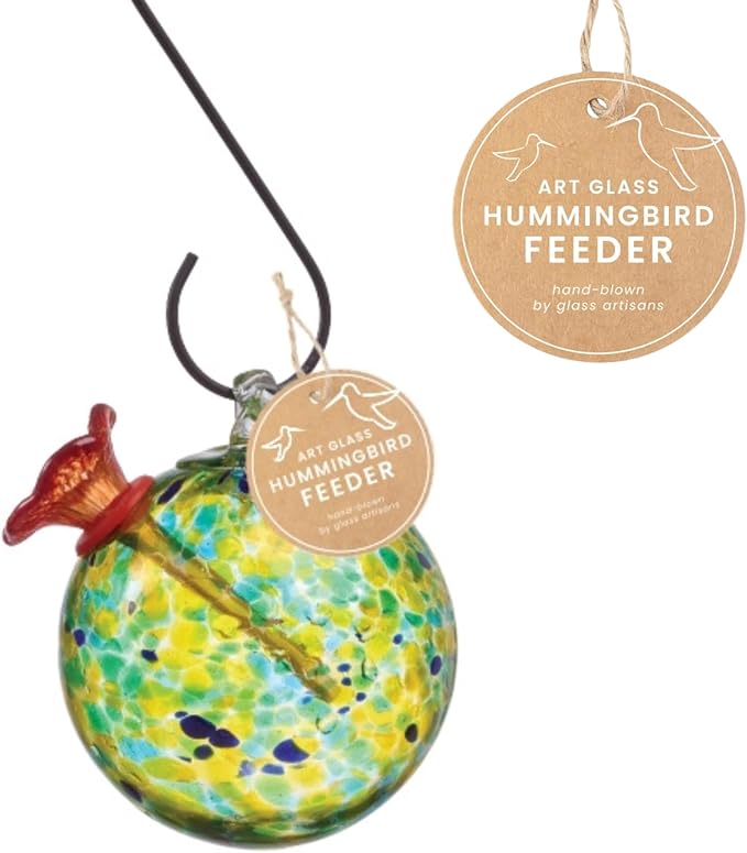 Red Carpet Studios Hummingbird Feeder Hand-Blown Art Glass, Hanging Birdfeeder with Red Flower Feeding Port, 5.5" Round Yellow-Green