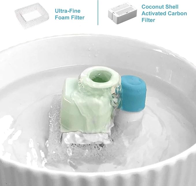 2.1L Ceramic Cat Water Fountain for Cats and Dogs-360° Ceramic Pet Fountain-70 Oz Large Water Capacity- Whisper-Quiet Water Flow-Great for Shy or Timid Pets- Fresh-Filtered Water