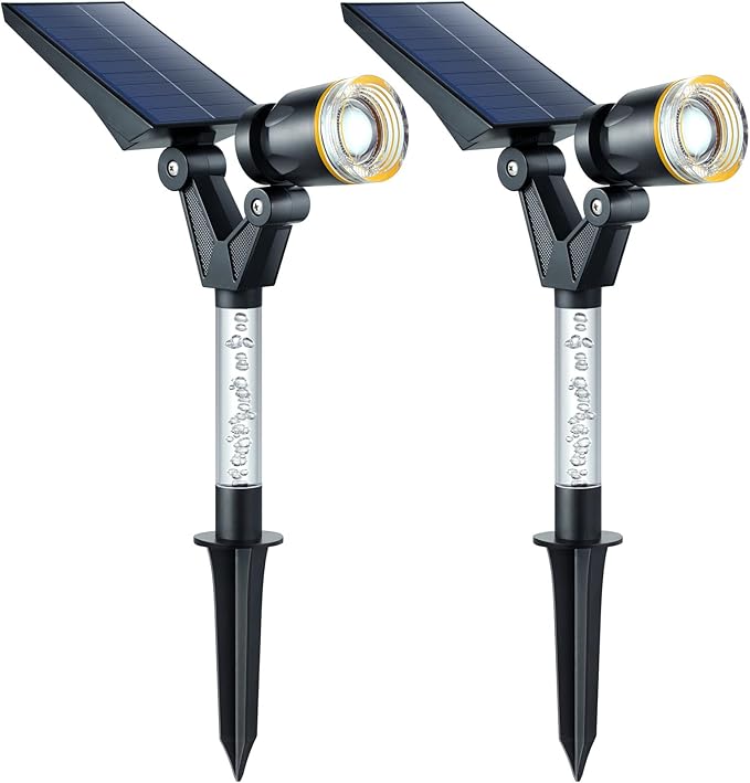 DenicMic Solar Lights Outdoor Waterproof Adjustable Solar Spot Lights Outdoor 3000K Warm White Lens LED for Yard Garden Patio Pathway Flag Tree House Landscape Lighting Outside 2 Pack
