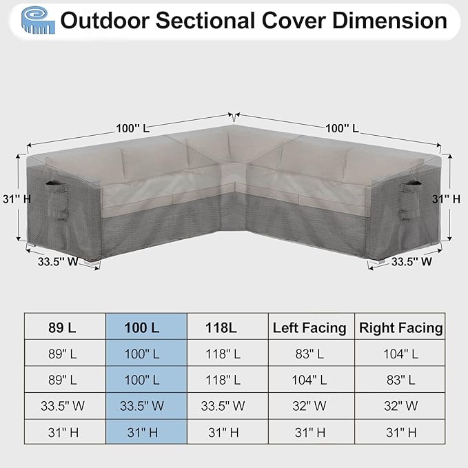 OutdoorLines Waterproof Outdoor Patio Sectional Cover - UV Resistant & Windproof V-Shaped Patio Furniture Covers for Deck, Lawn and Backyard, 420D Heavy Duty Couch Cover 100" L (on Each Side) Grey