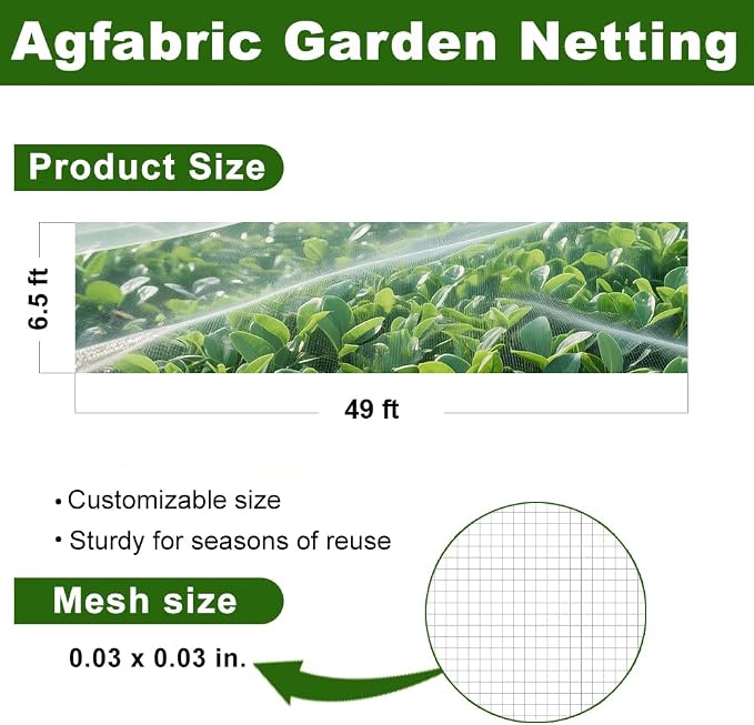 Agfabric Garden Netting 6.5'x49' Barrier Net, Bird Netting for Garden Trees Vegetable and Plants, White