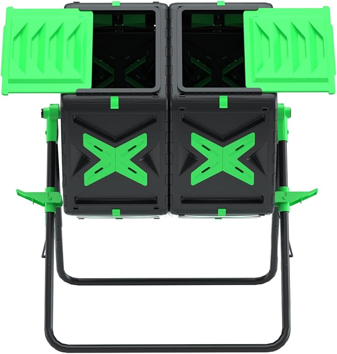 SQUEEZE master Large Dual Chamber Compost Bin Tumbler Outdoor Garden- Easy Rotating- Sturdy Steel Frame-Fast Composting (Green, 2 × 18.5 Gallon)