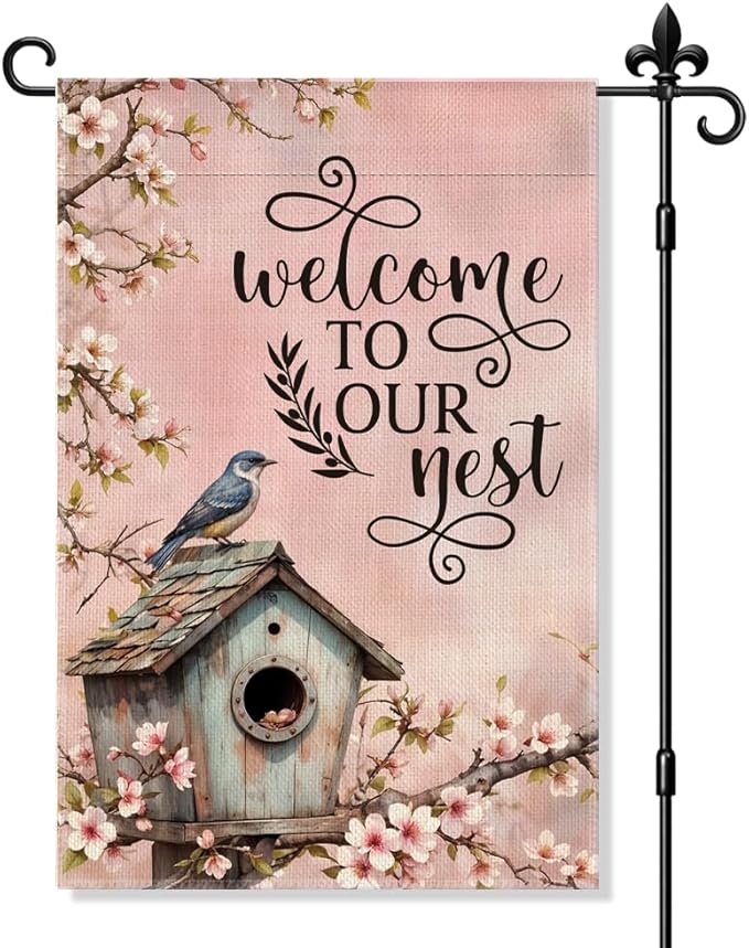 Welcome To Our Nest Garden Flag Double-Sided Yard Outdoor Decoration 12x18 Inch, Outdoor Bird Nest Flower Welcome Garden Flag, Home Decor Banners, New Home Housewarming Gifts