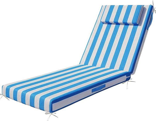 Outdoor Chaise Lounge Cushions, 72x21 Inch Olefin Water & Fade Resistant Pool Lounge Chair Cushions, Patio Sun Lounger Pad with Pillow & Straps for Patio, Pool, Deck, Lawn, Blue White Stripes