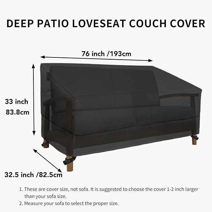 Easy-Going Heavy Duty Outdoor Loveseat Couch Cover, Waterproof Windproof Patio Furniture Sofa Cover with Air Vent (76W x 32.5D x 33H inch, Black)