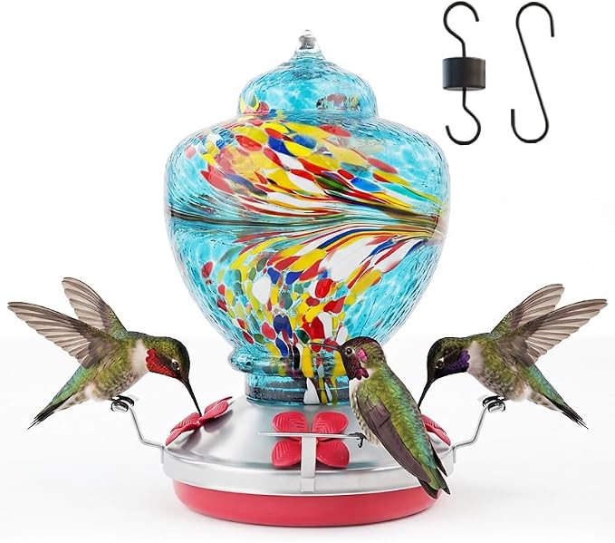 Hummingbird Feeder Colorful Blown Glass Outdoor Hummingbird Feeder with Ant Moat and 5 Feeding Ports for Outdoors Hanging Garden Decor, Bird Lovers (Green)