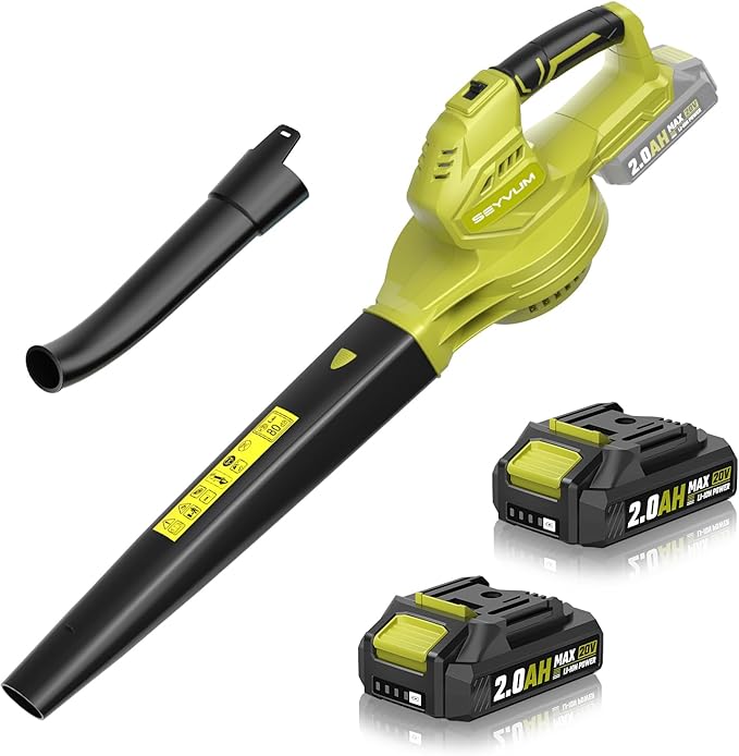 SEYVUM Leaf Blower, 20V Cordless Blower with 2 x 2.0Ah Battery, Electric Leaf Blowers for Lawn Care, 350 CFM 150 MPH Battery Powered Leaf Blower, for Patio, Garden Cleaning, Fast Charger, Lemon Green