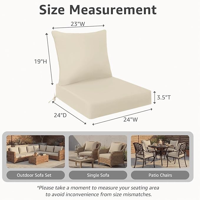 PatioGlow Outdoor Seat Cushion Set, 24" x 24" x 3.5", Set of 2, Water-Resistant & Fadeness Patio Furniture Cushions with Removable Cover & Ties, Thick Deep Seating Pads for Outside Sofa Couch, Khaki