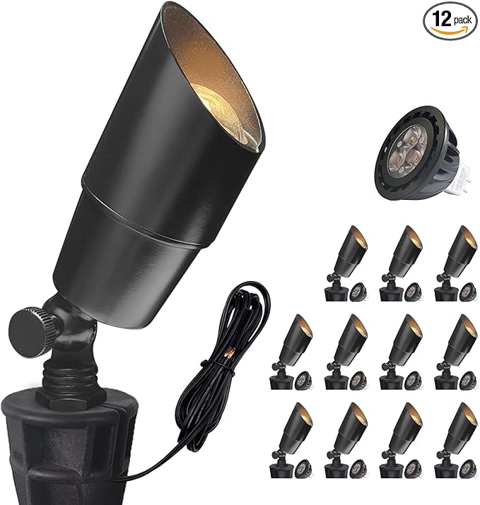 COLOER Brass Low Voltage Landscape Spotlight(Black) 12-Pack with 5W Aluminum Housing MR16 LED Bulb 2700K 450LM CRI85+,12V AC/DC Outdoor Uplighting, Directional Garden Patio Spot Up Light(101B-Black)